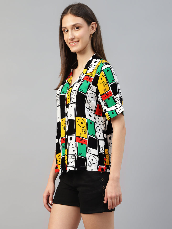 Women White & Multi Printed Viscose Rayon Regular Fit Casual Shirt