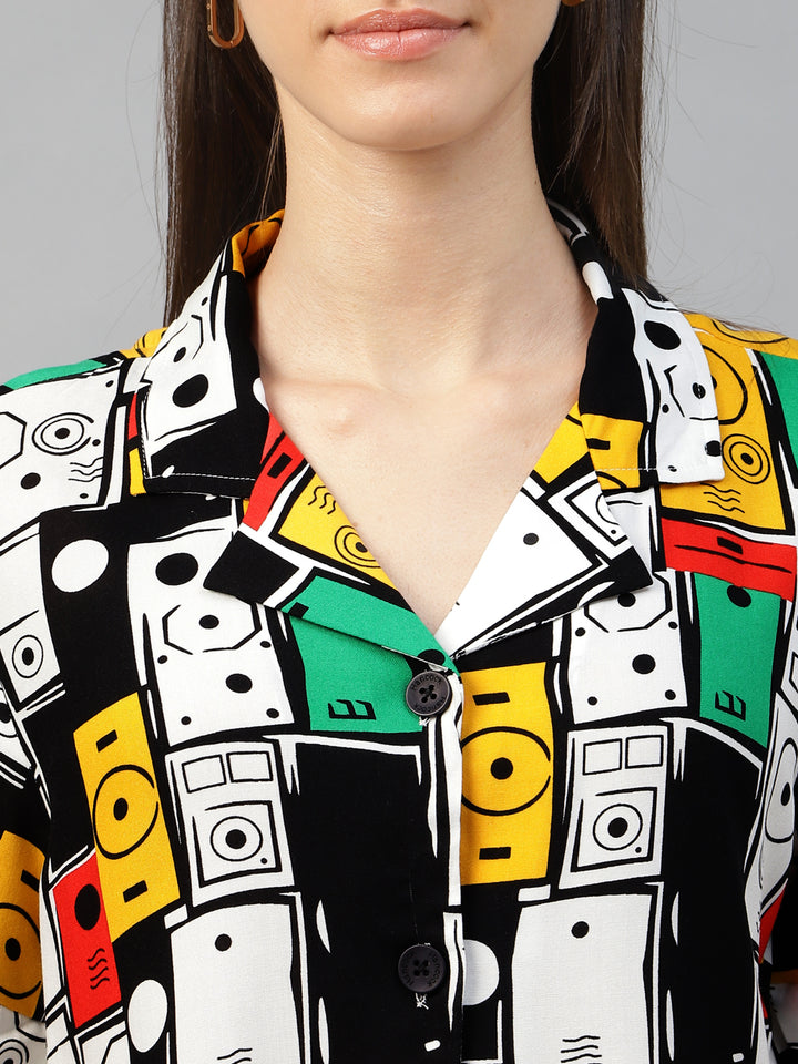 Women White & Multi Printed Viscose Rayon Regular Fit Casual Shirt