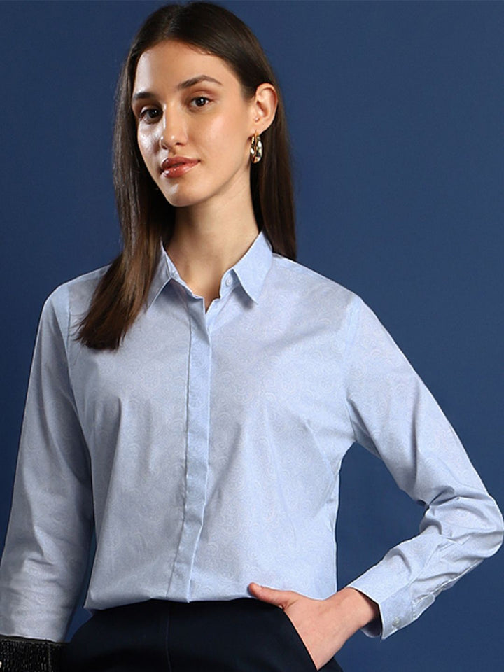 Women Sky Blue Solid Pure Cotton Regular Fit Formal Shirt