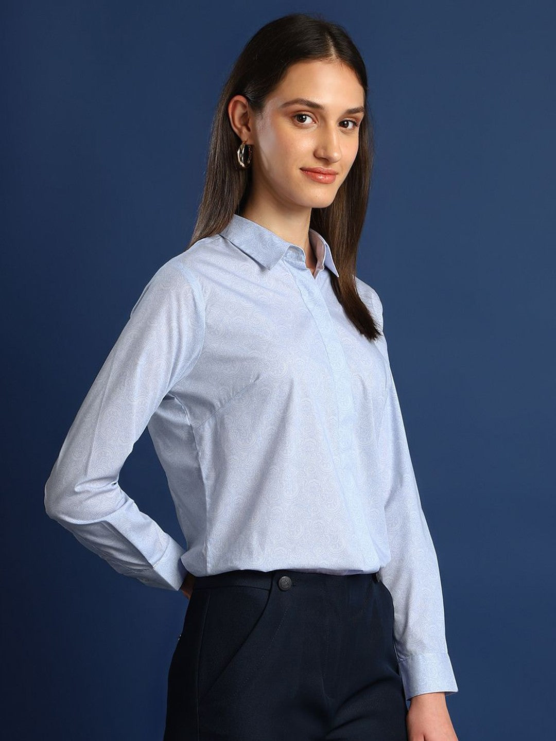 Women Sky Blue Solid Pure Cotton Regular Fit Formal Shirt