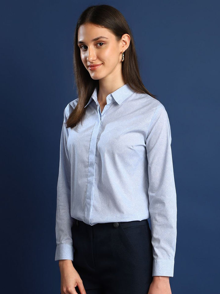 Women Sky Blue Solid Pure Cotton Regular Fit Formal Shirt