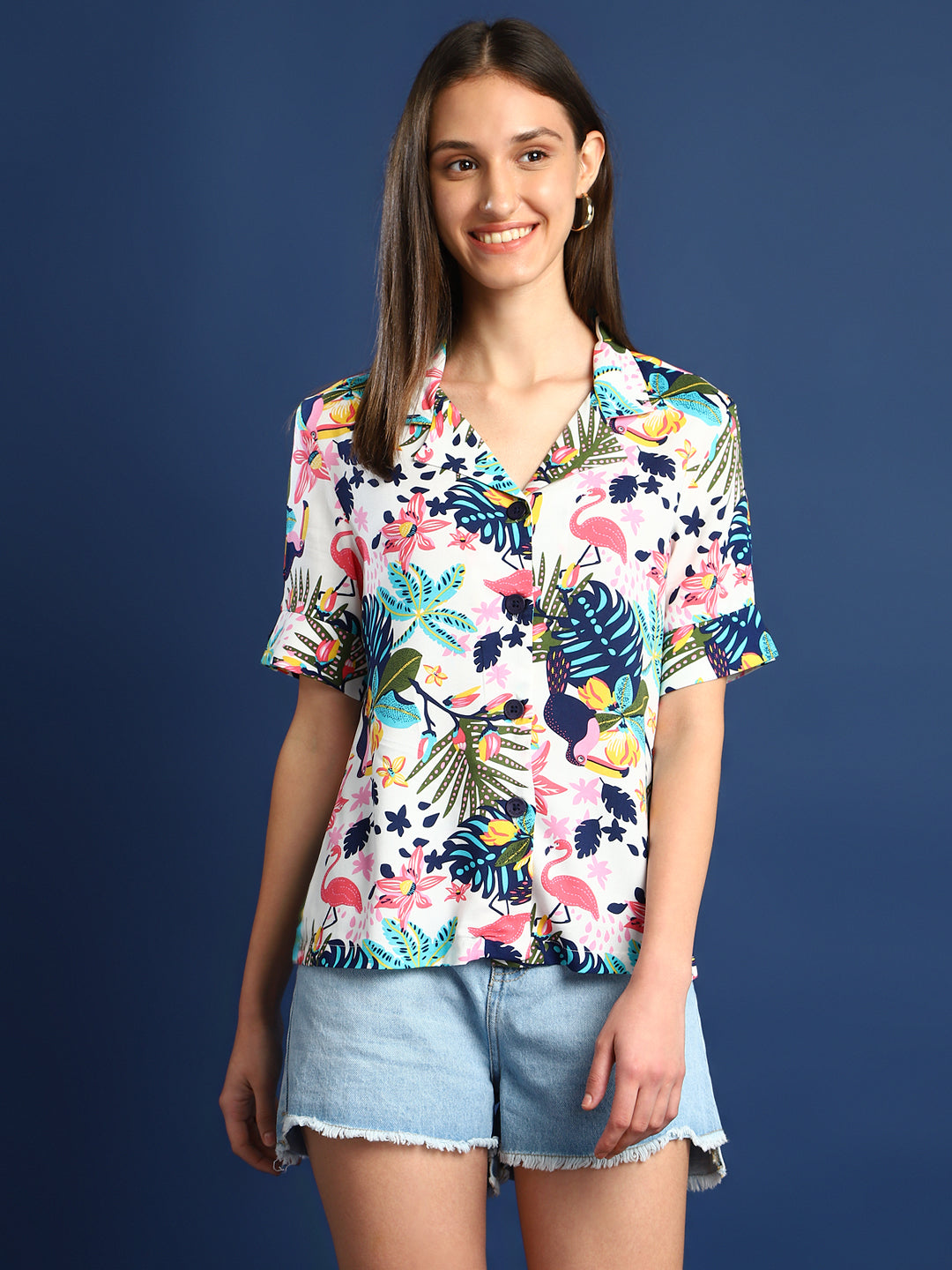 Women White & Multi Printed Viscose Rayon Regular Fit Casual Shirt