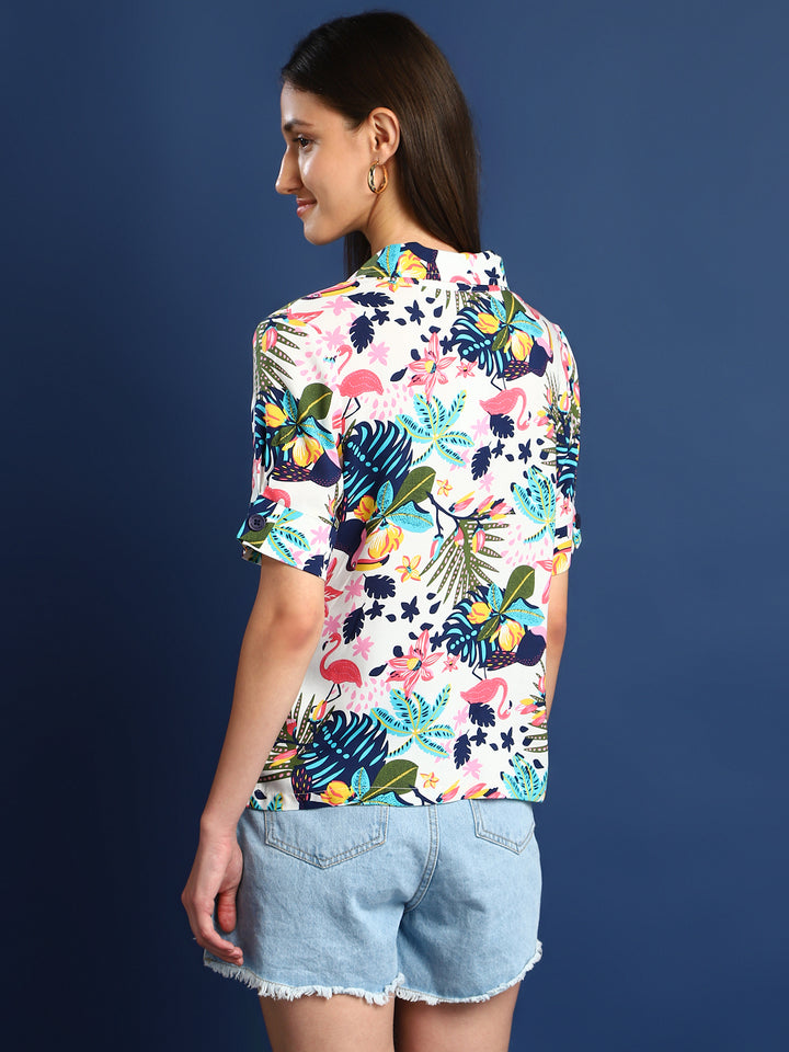 Women White & Multi Printed Viscose Rayon Regular Fit Casual Shirt