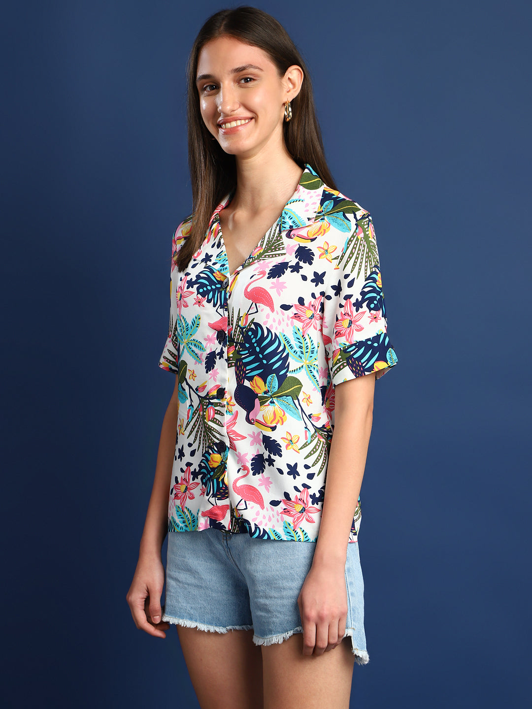 Women White & Multi Printed Viscose Rayon Regular Fit Casual Shirt