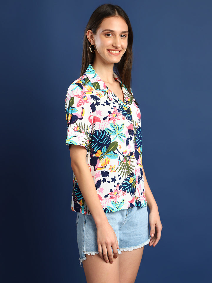 Women White & Multi Printed Viscose Rayon Regular Fit Casual Shirt