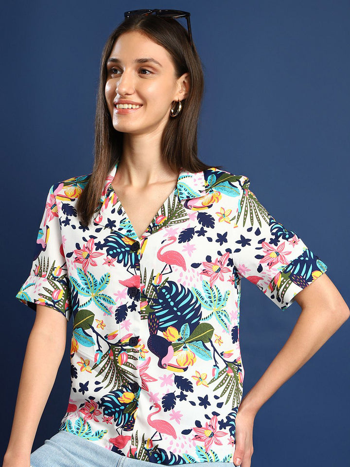 Women White & Multi Printed Viscose Rayon Regular Fit Casual Shirt