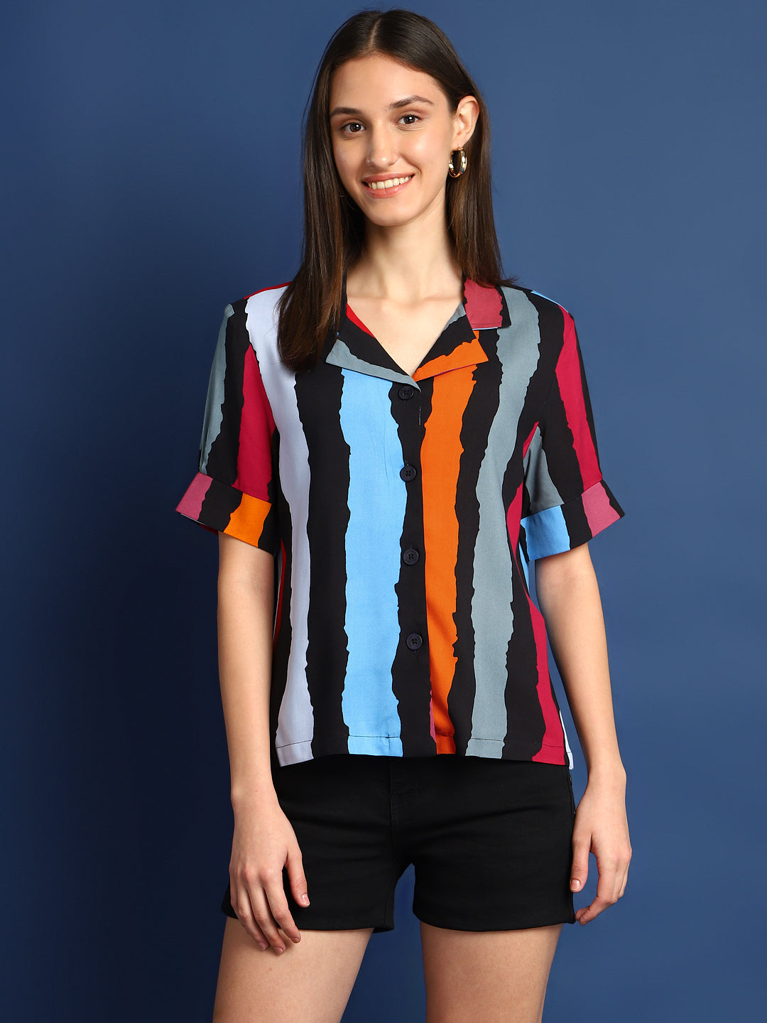 Women Black & Mustard Striped Viscose Rayon Regular Fit Casual Shirt