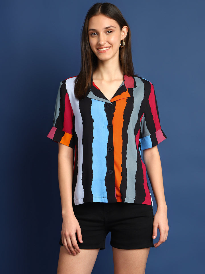 Women Black & Mustard Striped Viscose Rayon Regular Fit Casual Shirt