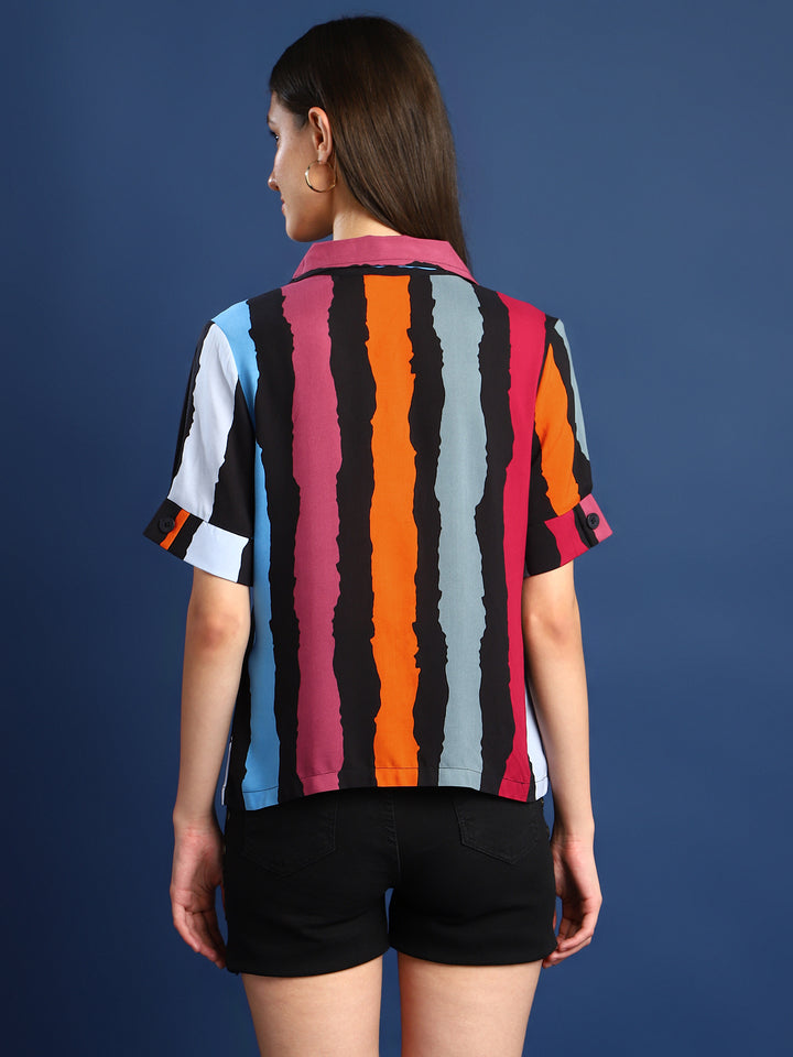 Women Black & Mustard Striped Viscose Rayon Regular Fit Casual Shirt