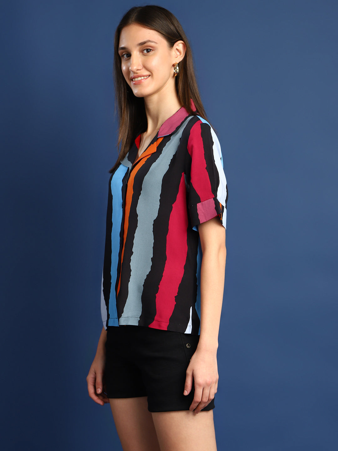 Women Black & Mustard Striped Viscose Rayon Regular Fit Casual Shirt