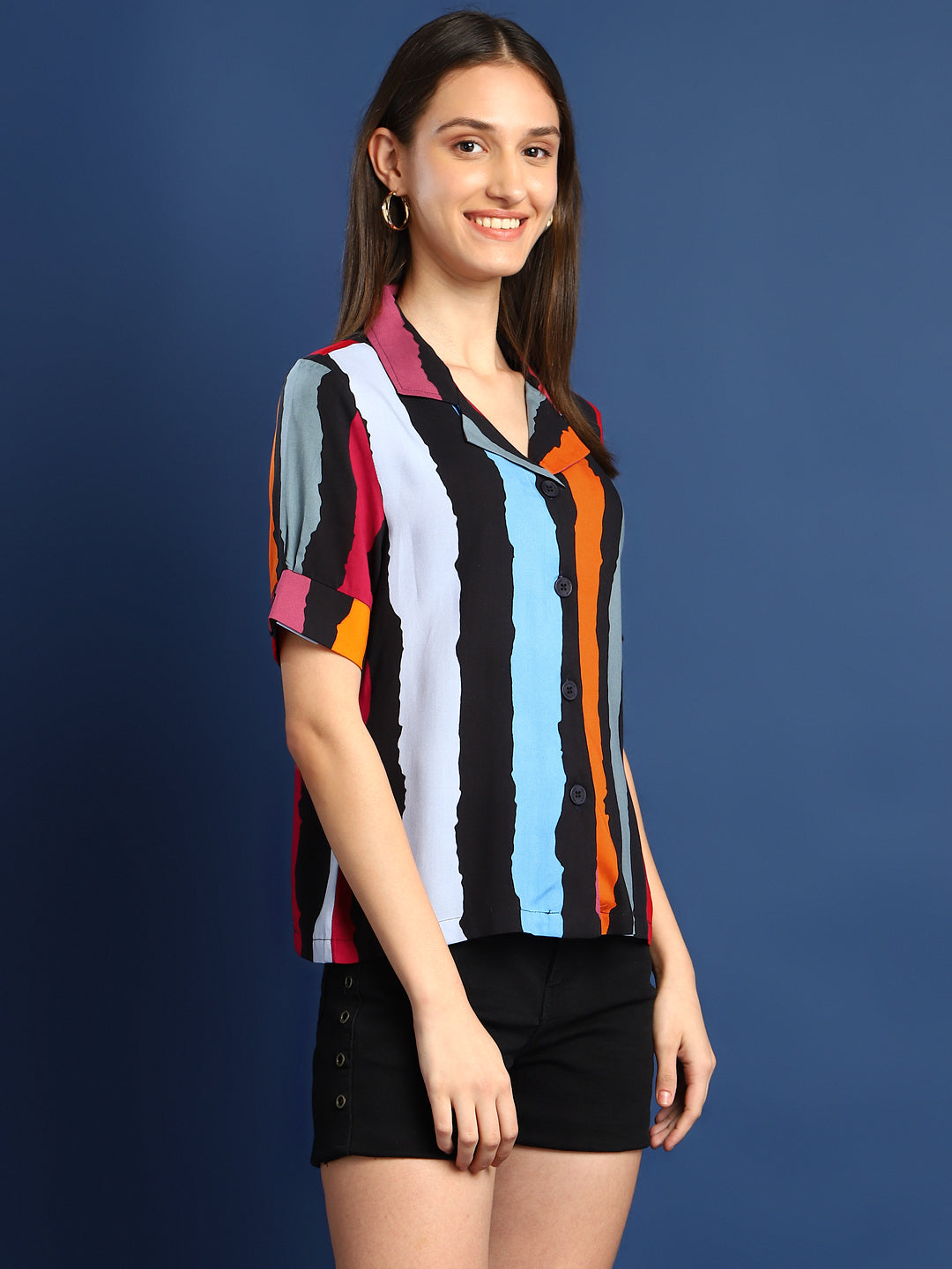 Women Black & Mustard Striped Viscose Rayon Regular Fit Casual Shirt