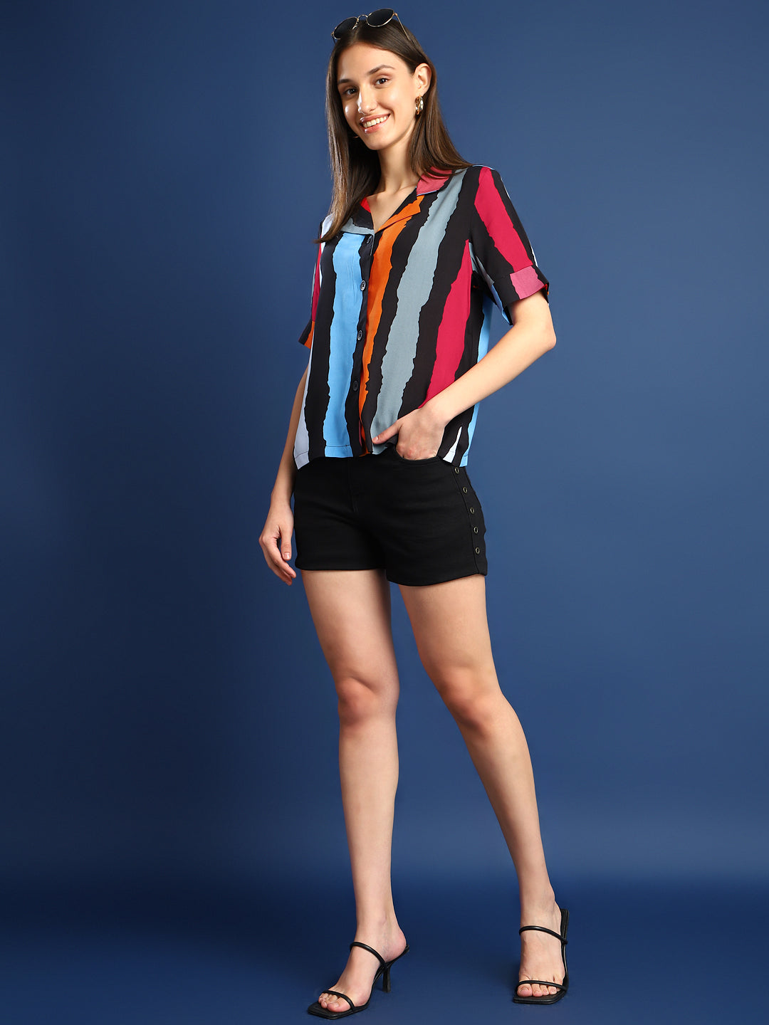 Women Black & Mustard Striped Viscose Rayon Regular Fit Casual Shirt