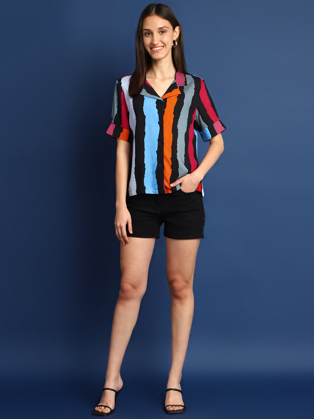 Women Black & Mustard Striped Viscose Rayon Regular Fit Casual Shirt