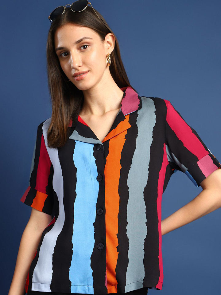 Women Black & Mustard Striped Viscose Rayon Regular Fit Casual Shirt