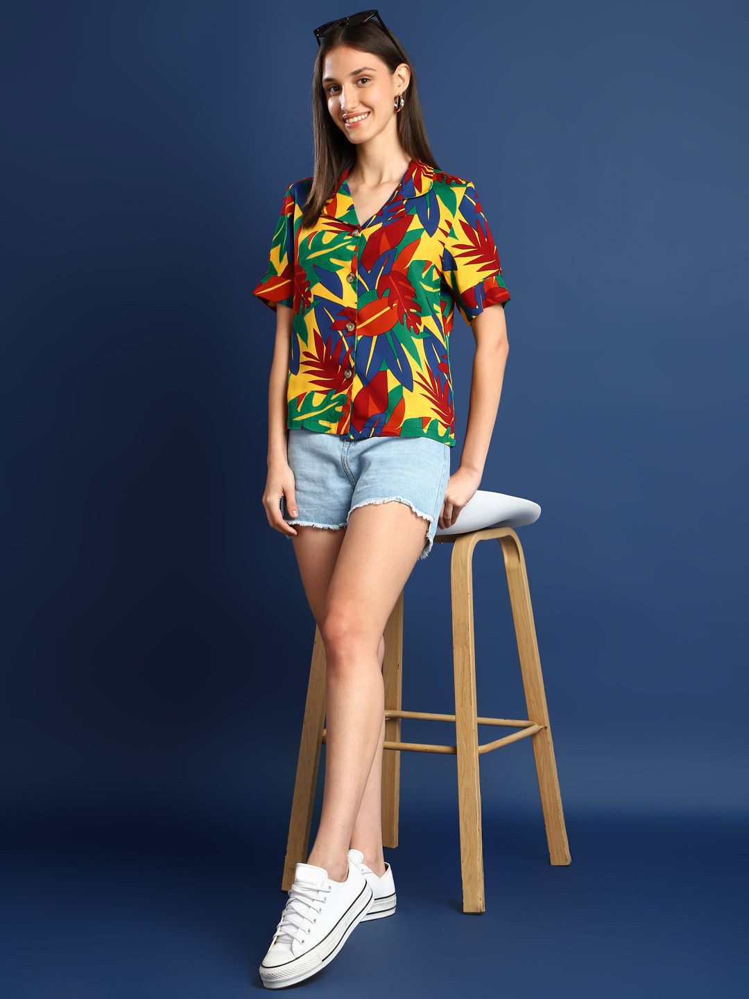 Women Green & Yellow Printed Viscose Rayon Regular Fit Casual Shirt