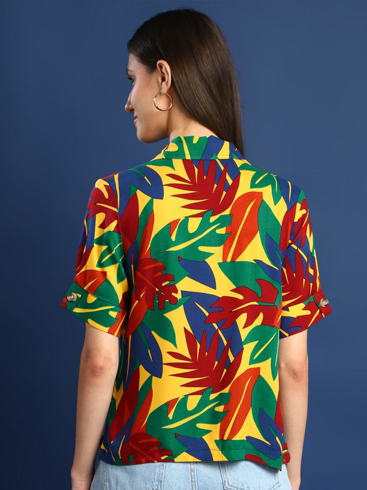 Women Green & Yellow Printed Viscose Rayon Regular Fit Casual Shirt