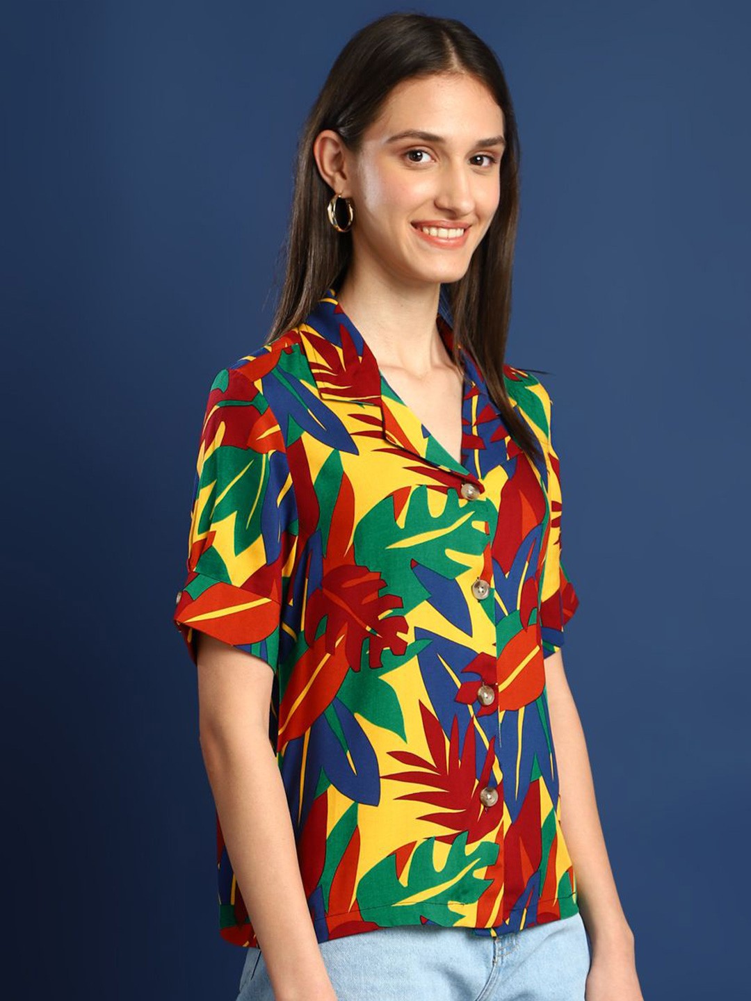 Women Green & Yellow Printed Viscose Rayon Regular Fit Casual Shirt