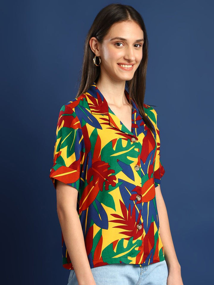 Women Green & Yellow Printed Viscose Rayon Regular Fit Casual Shirt
