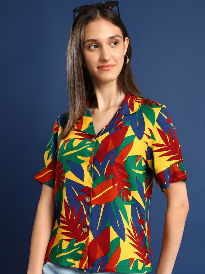 Women Green & Yellow Printed Viscose Rayon Regular Fit Casual Shirt