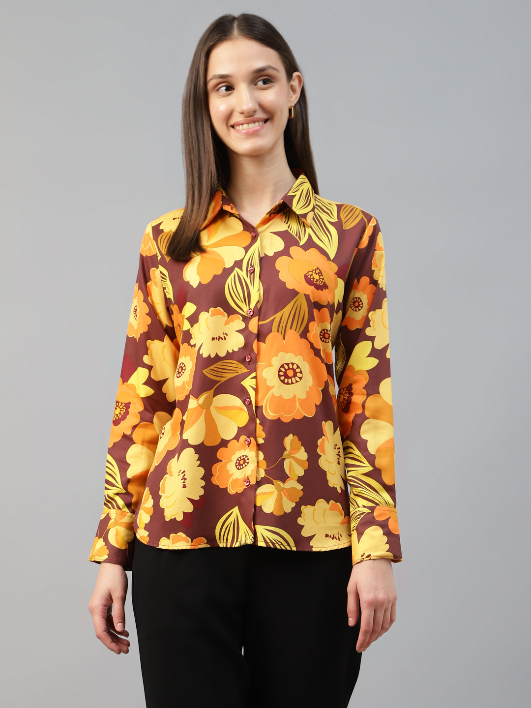 Women Maroon & Mustard Printed Viscose Rayon Relaxed Fit Casual Shirt