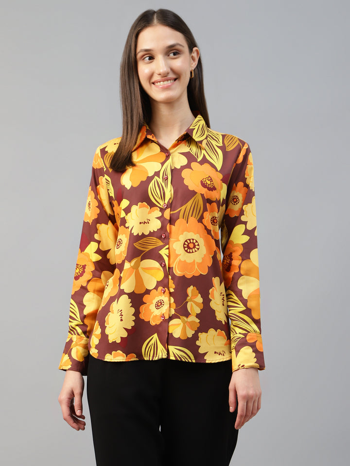 Women Maroon & Mustard Printed Viscose Rayon Relaxed Fit Casual Shirt
