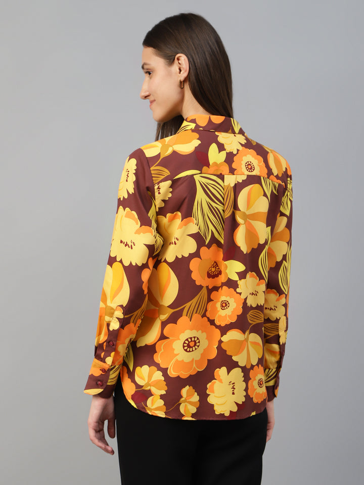Women Maroon & Mustard Printed Viscose Rayon Relaxed Fit Casual Shirt