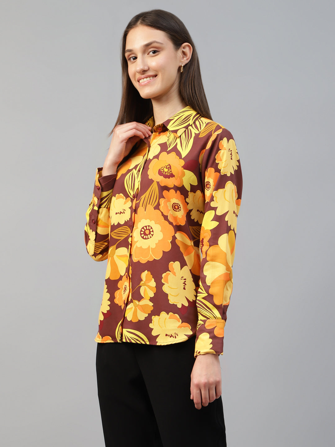 Women Maroon & Mustard Printed Viscose Rayon Relaxed Fit Casual Shirt
