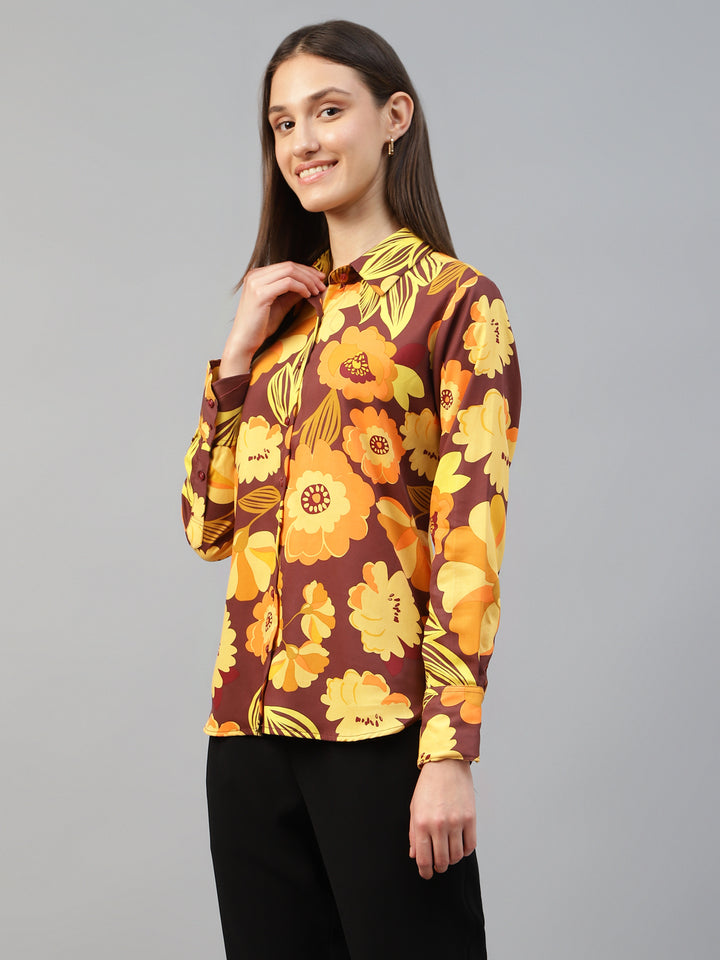 Women Maroon & Mustard Printed Viscose Rayon Relaxed Fit Casual Shirt