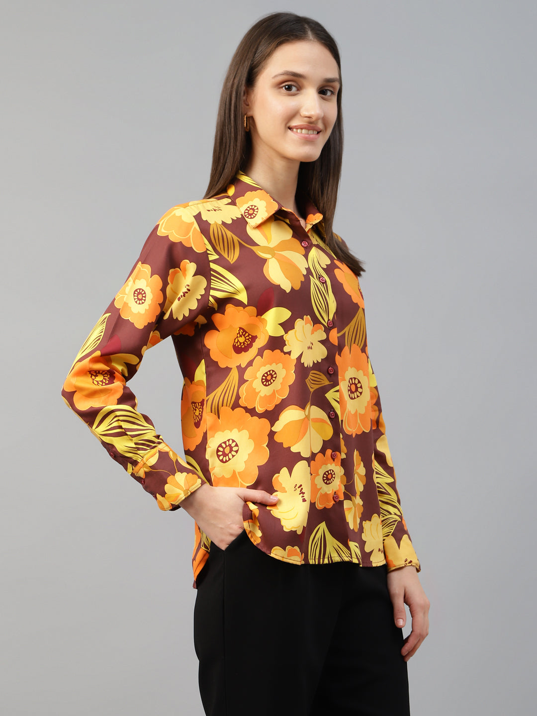 Women Maroon & Mustard Printed Viscose Rayon Relaxed Fit Casual Shirt