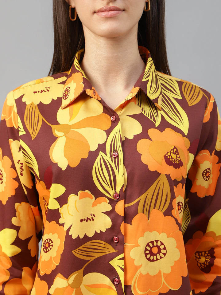 Women Maroon & Mustard Printed Viscose Rayon Relaxed Fit Casual Shirt