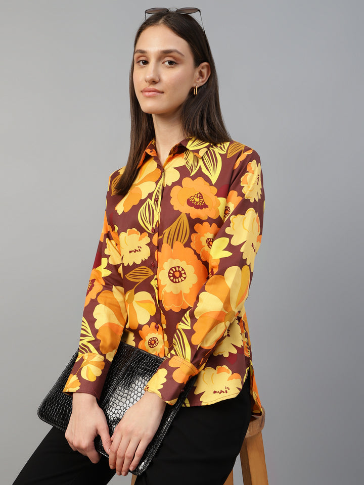 Women Maroon & Mustard Printed Viscose Rayon Relaxed Fit Casual Shirt