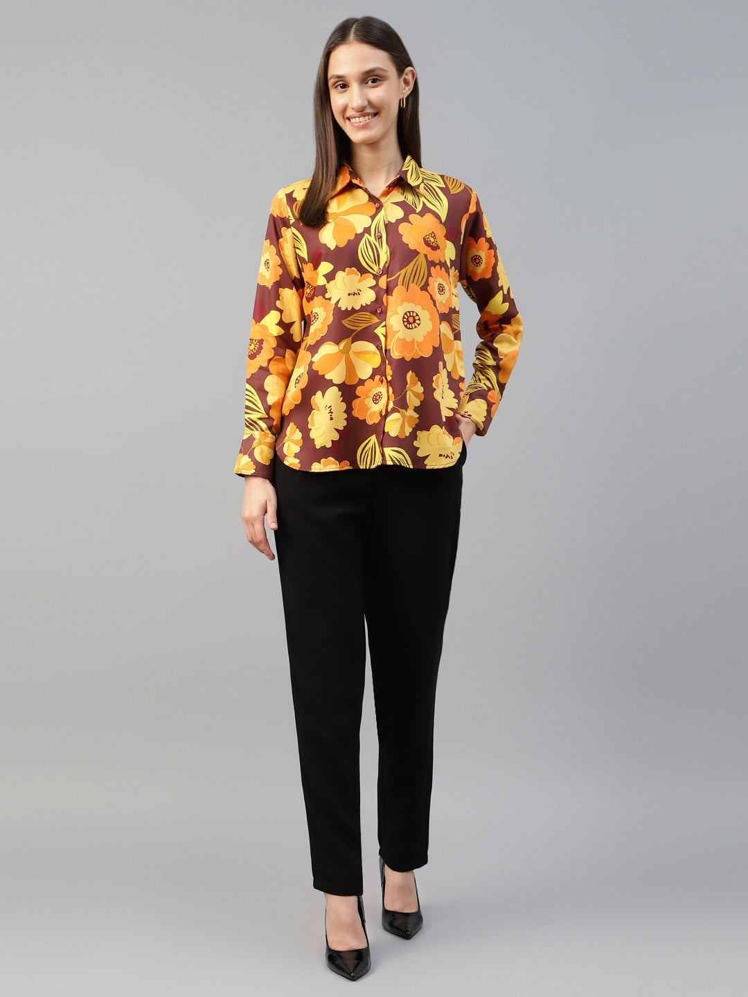 Women Maroon & Mustard Printed Viscose Rayon Relaxed Fit Casual Shirt
