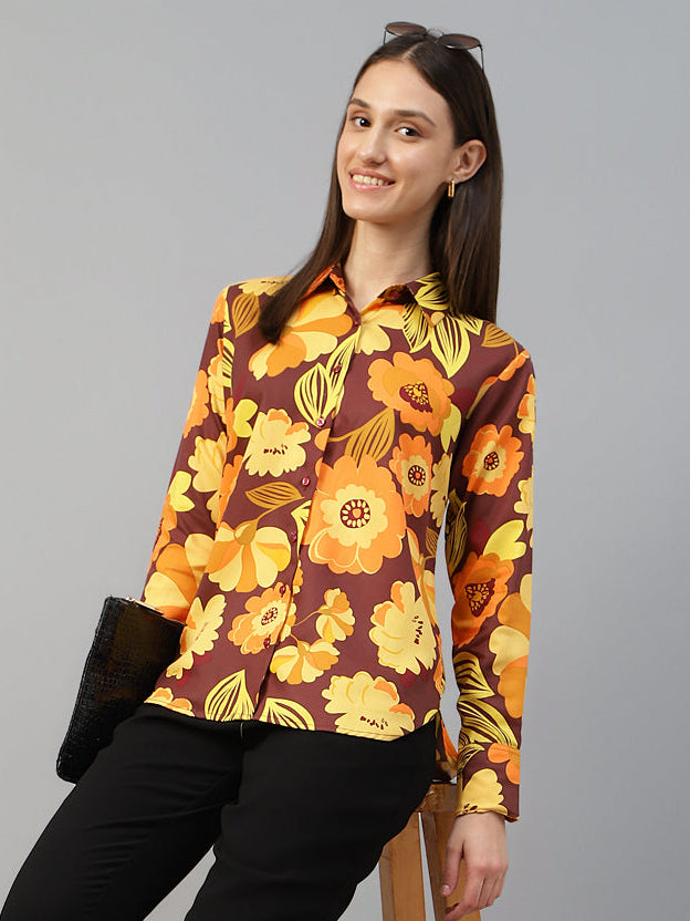 Women Maroon & Mustard Printed Viscose Rayon Relaxed Fit Casual Shirt