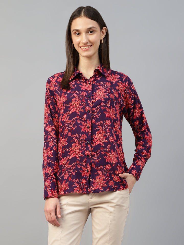 Women Purple-Pink Printed Viscose Rayon Relaxed Fit Formal Shirt