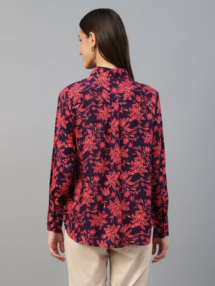 Women Purple-Pink Printed Viscose Rayon Relaxed Fit Formal Shirt