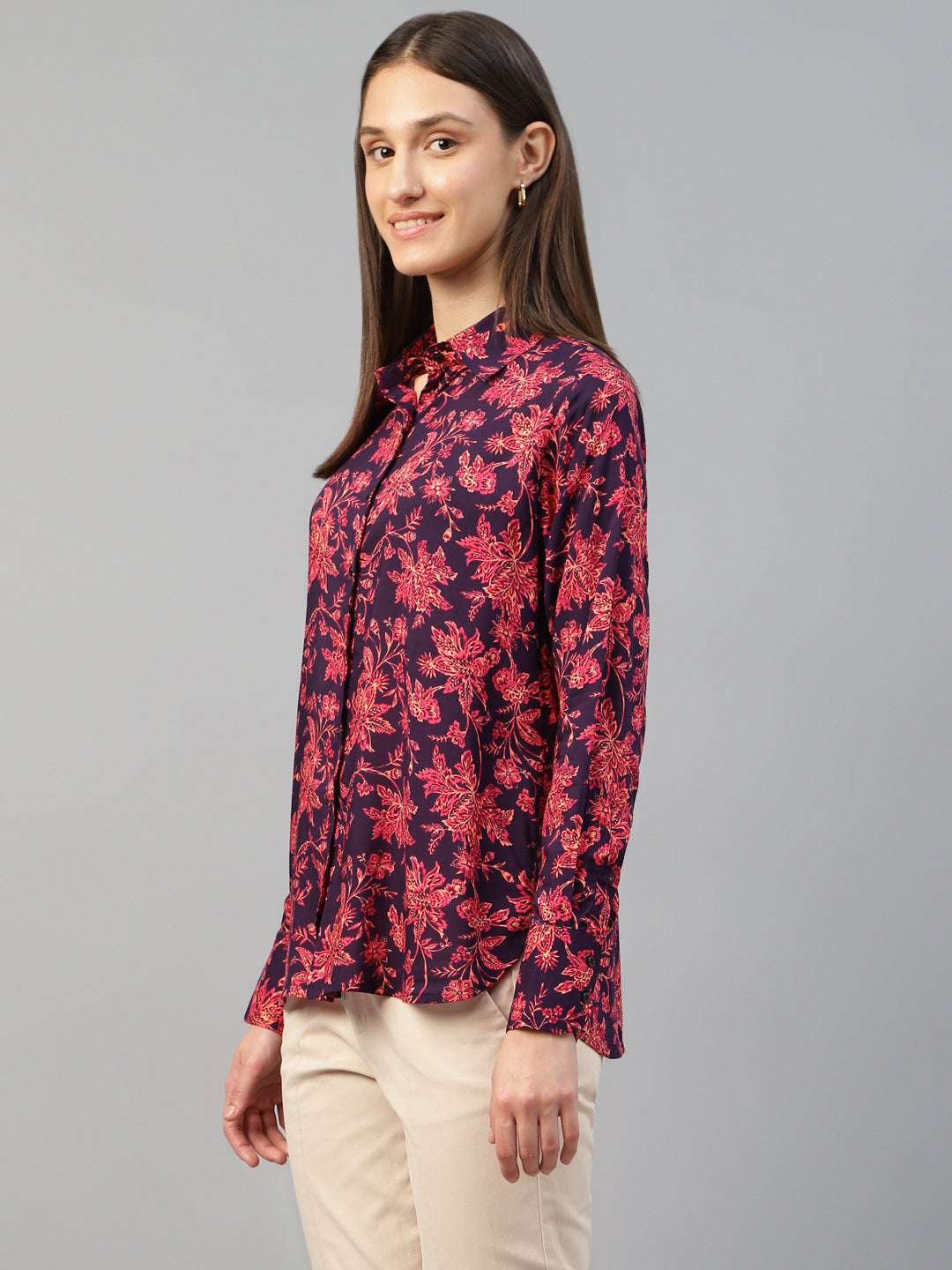 Women Purple-Pink Printed Viscose Rayon Relaxed Fit Formal Shirt