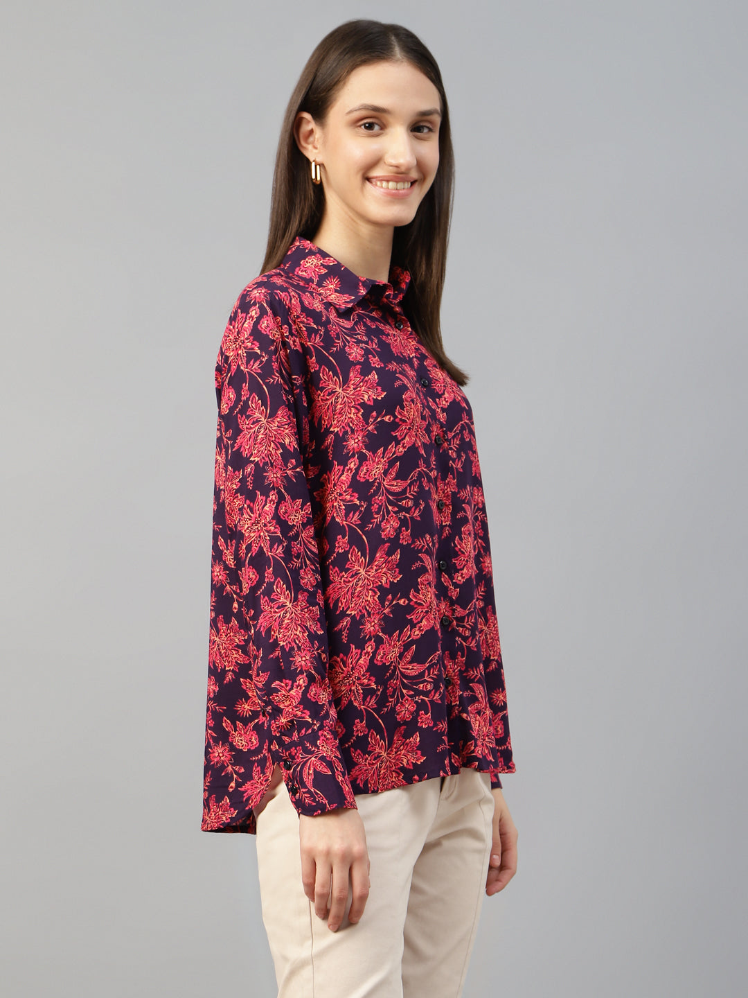 Women Purple-Pink Printed Viscose Rayon Relaxed Fit Formal Shirt
