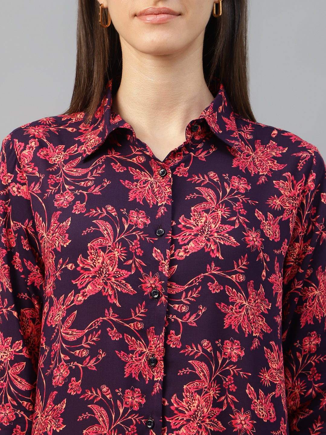 Women Purple-Pink Printed Viscose Rayon Relaxed Fit Formal Shirt
