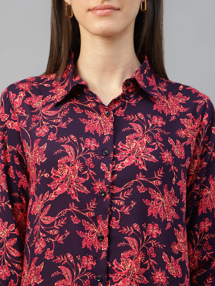 Women Purple-Pink Printed Viscose Rayon Relaxed Fit Formal Shirt