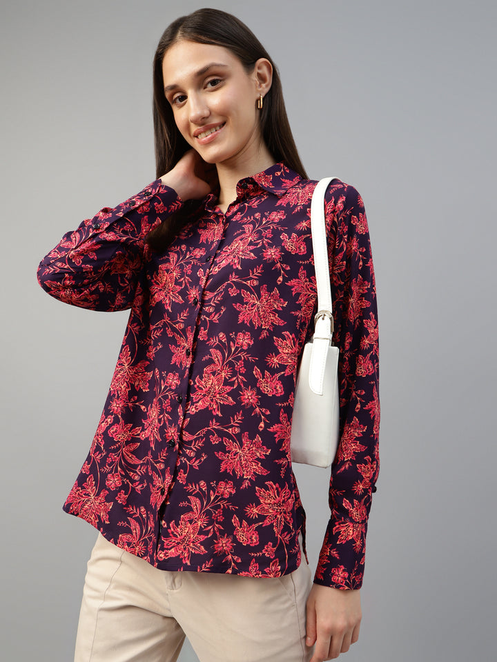 Women Purple-Pink Printed Viscose Rayon Relaxed Fit Formal Shirt