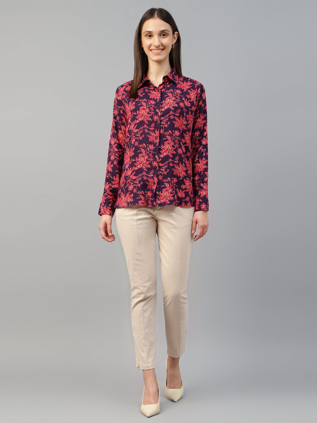 Women Purple-Pink Printed Viscose Rayon Relaxed Fit Formal Shirt