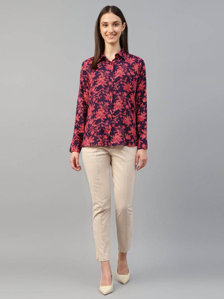 Women Purple-Pink Printed Viscose Rayon Relaxed Fit Formal Shirt