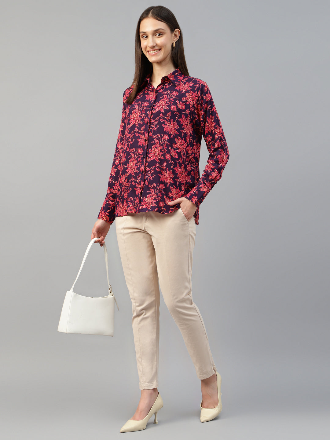 Women Purple-Pink Printed Viscose Rayon Relaxed Fit Formal Shirt