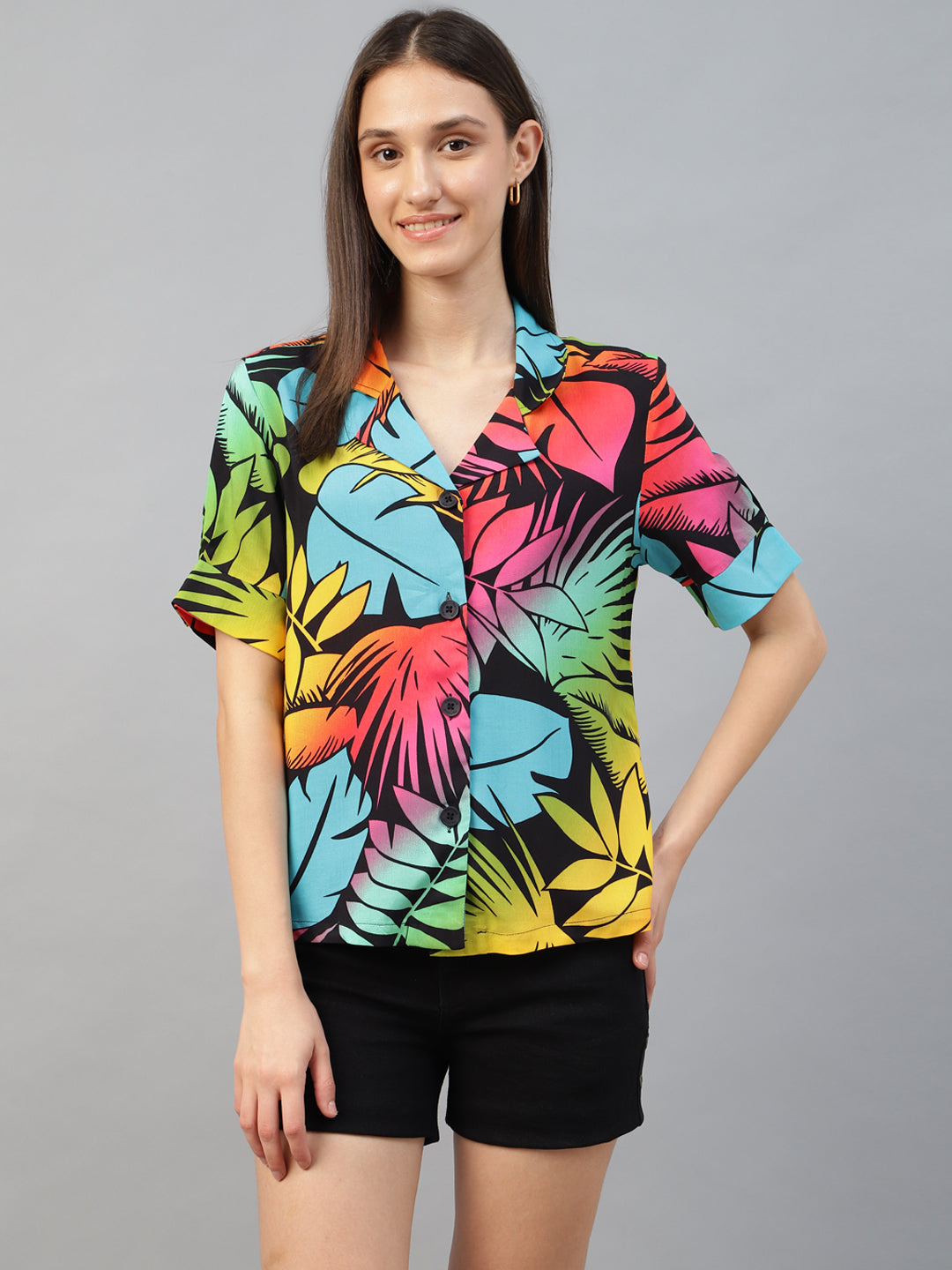 Women Back & Yellow Printed Viscose Rayon Regular Fit Casual Shirt