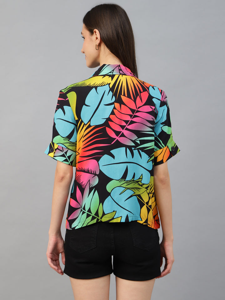 Women Back & Yellow Printed Viscose Rayon Regular Fit Casual Shirt