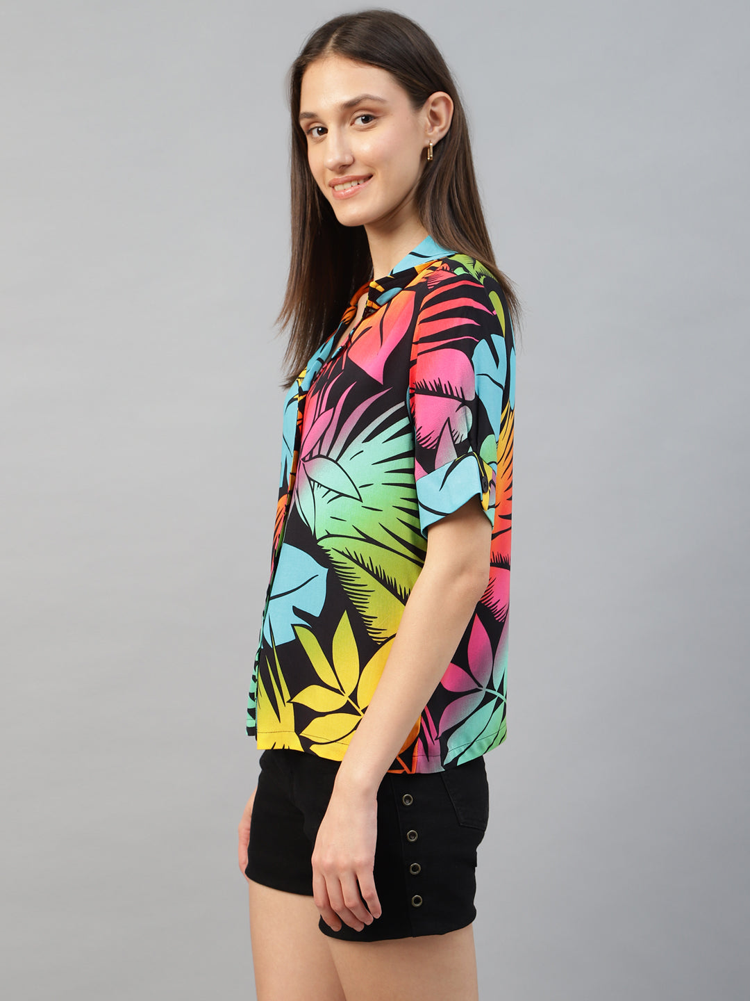 Women Back & Yellow Printed Viscose Rayon Regular Fit Casual Shirt