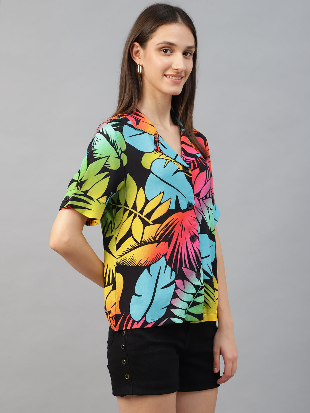 Women Back & Yellow Printed Viscose Rayon Regular Fit Casual Shirt