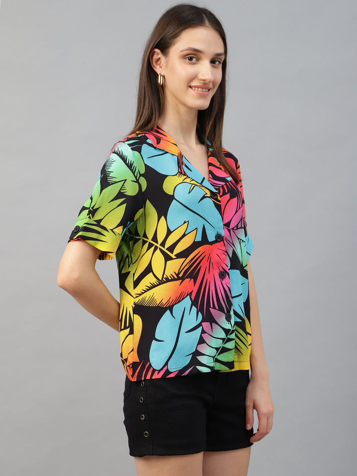 Women Back & Yellow Printed Viscose Rayon Regular Fit Casual Shirt