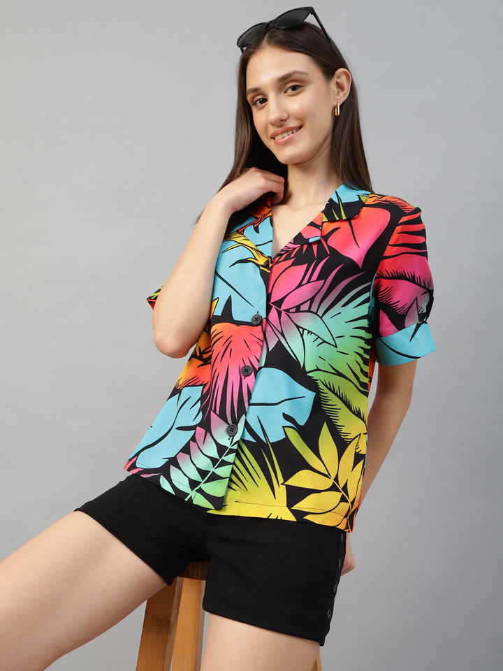 Women Back & Yellow Printed Viscose Rayon Regular Fit Casual Shirt