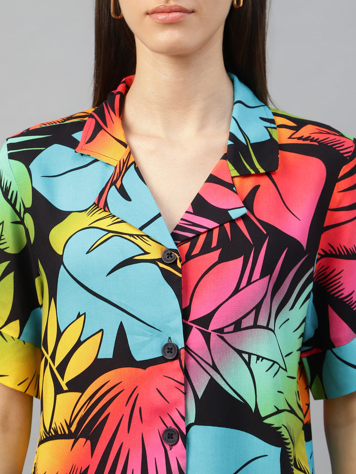 Women Back & Yellow Printed Viscose Rayon Regular Fit Casual Shirt